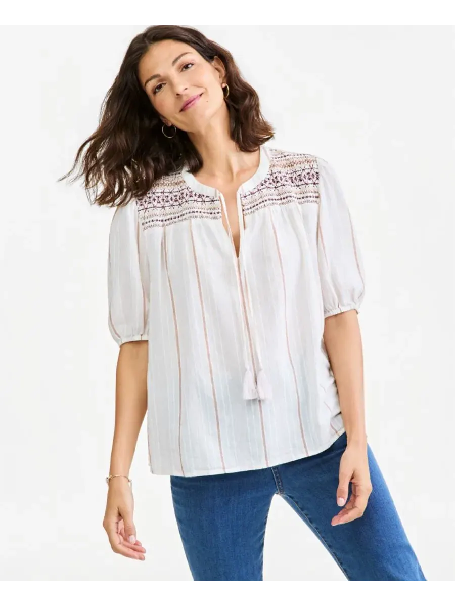 Блуза с вышивкой и завязками на шее, с рукавом 3/4 Style & Co, Stripe Neutral