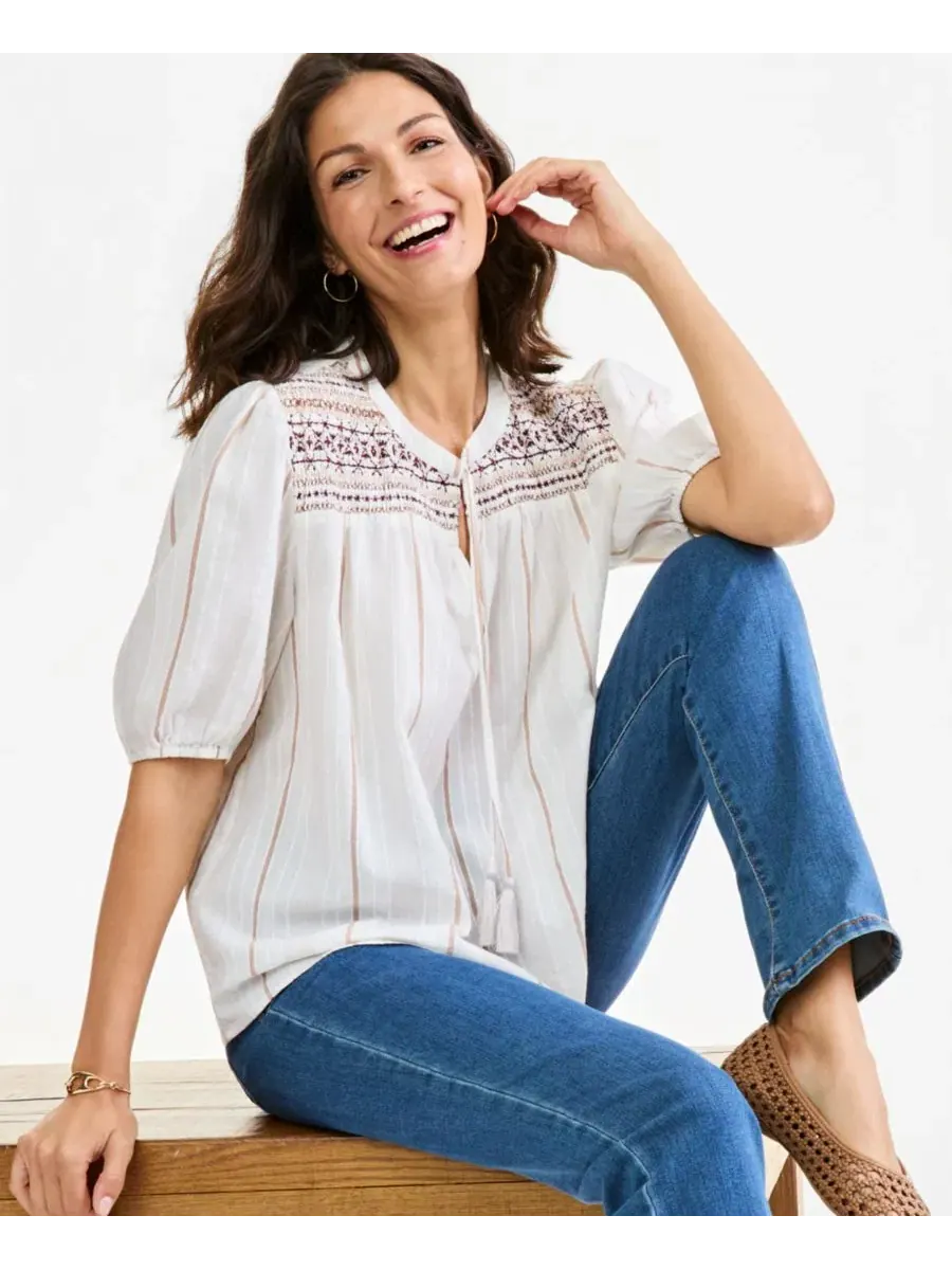 Блуза с вышивкой и завязками на шее, с рукавом 3/4 Style & Co, Stripe Neutral — изображение 2 из 4