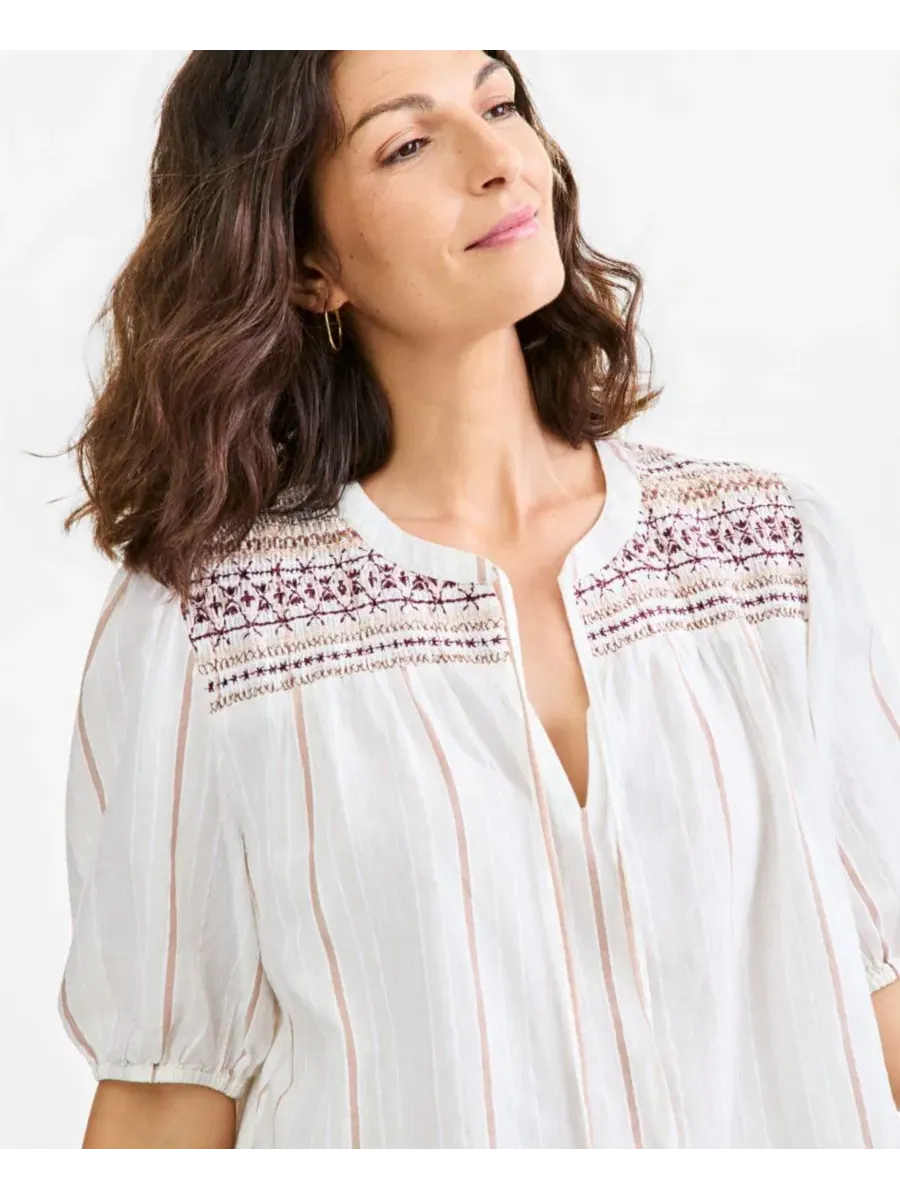 Блуза с вышивкой и завязками на шее, с рукавом 3/4 Style & Co, Stripe Neutral — изображение 3 из 4