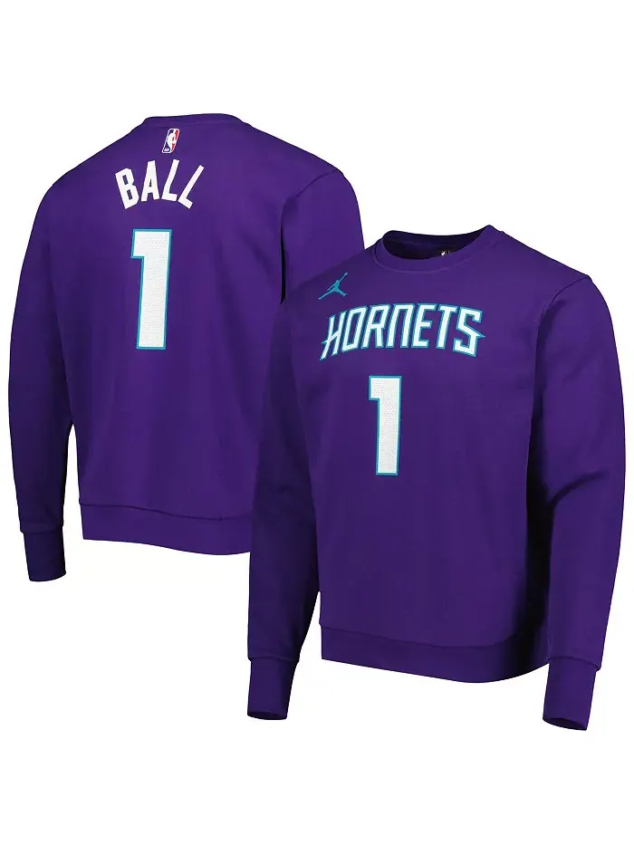 Мужской свитшот с капюшоном LaMelo Ball в фиолетовом цвете Charlotte Hornets с именем и номером