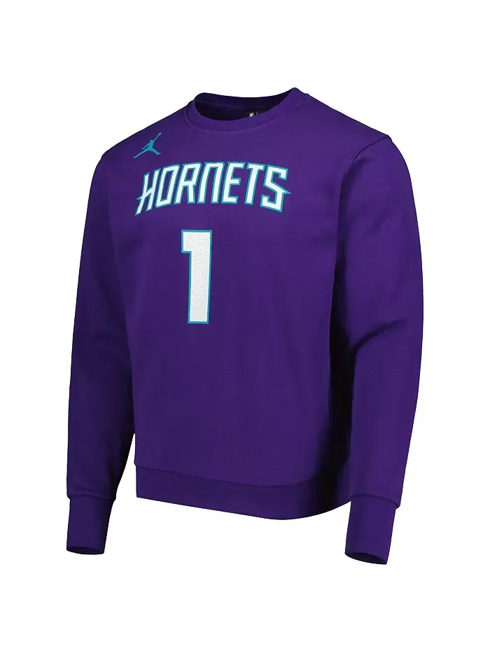 Мужской свитшот с капюшоном LaMelo Ball в фиолетовом цвете Charlotte Hornets с именем и номером — изображение 3 из 3