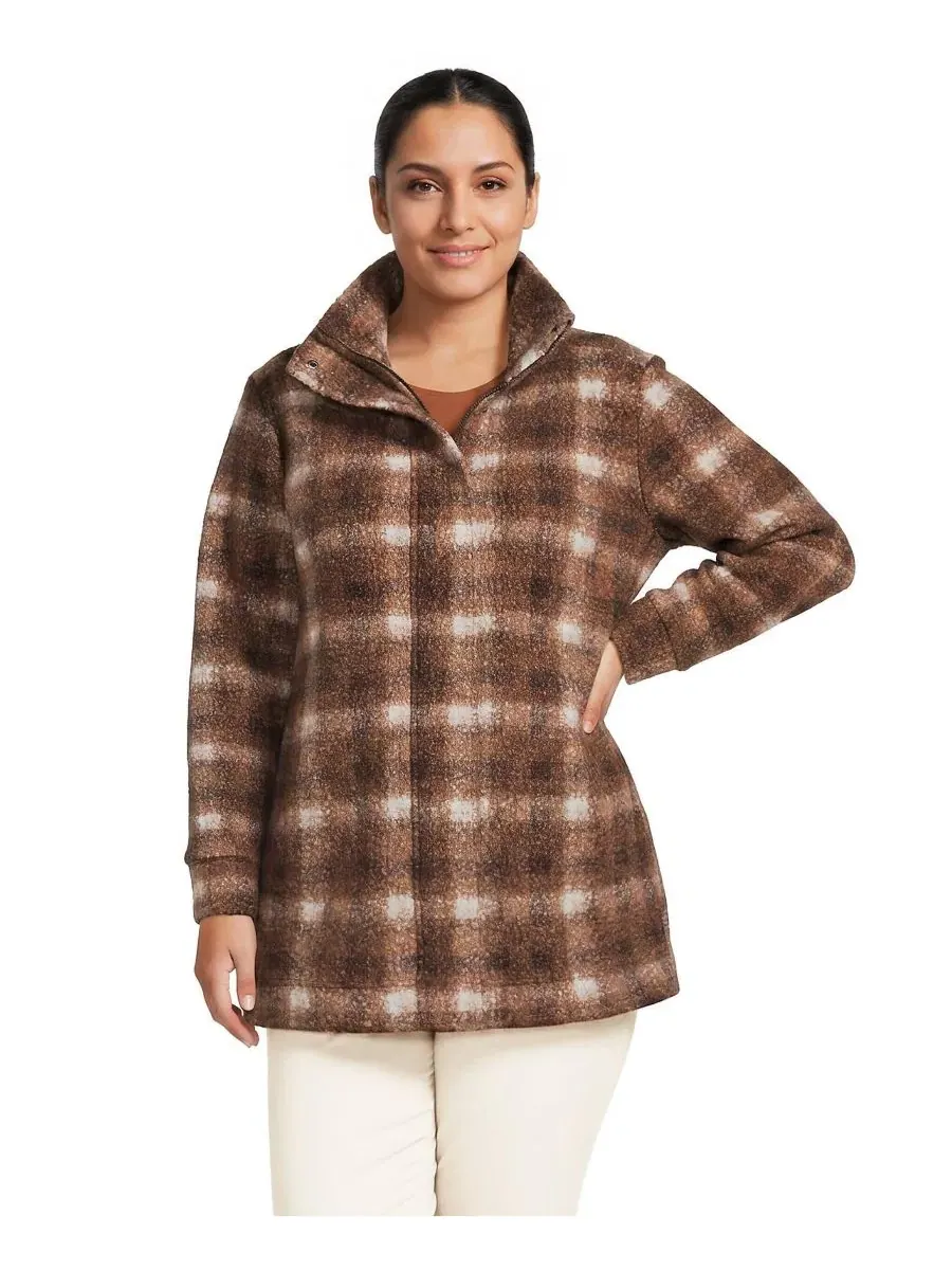 Пальто из флиса с пледовым принтом, с высоким воротником Lands' End, Rich Coffee Tonal Plaid
