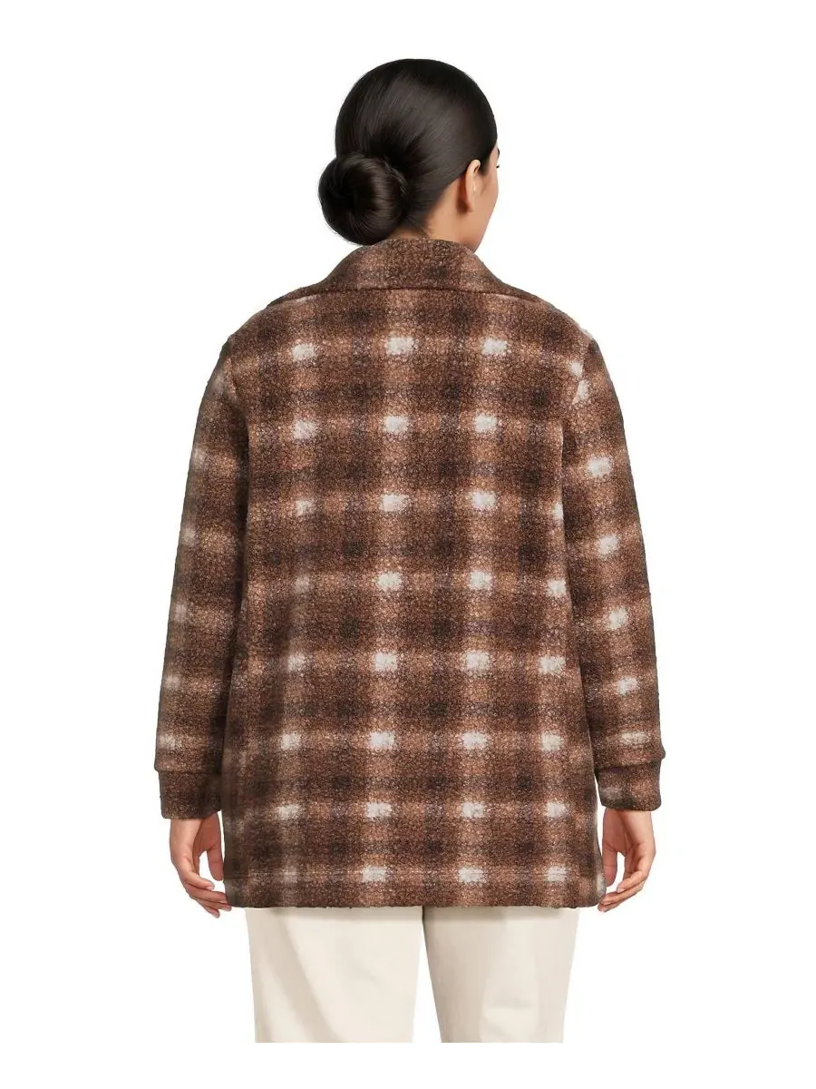 Пальто из флиса с пледовым принтом, с высоким воротником Lands' End, Rich Coffee Tonal Plaid — изображение 2 из 4