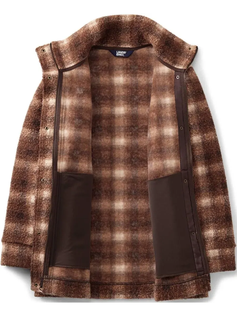 Пальто из флиса с пледовым принтом, с высоким воротником Lands' End, Rich Coffee Tonal Plaid — изображение 4 из 4