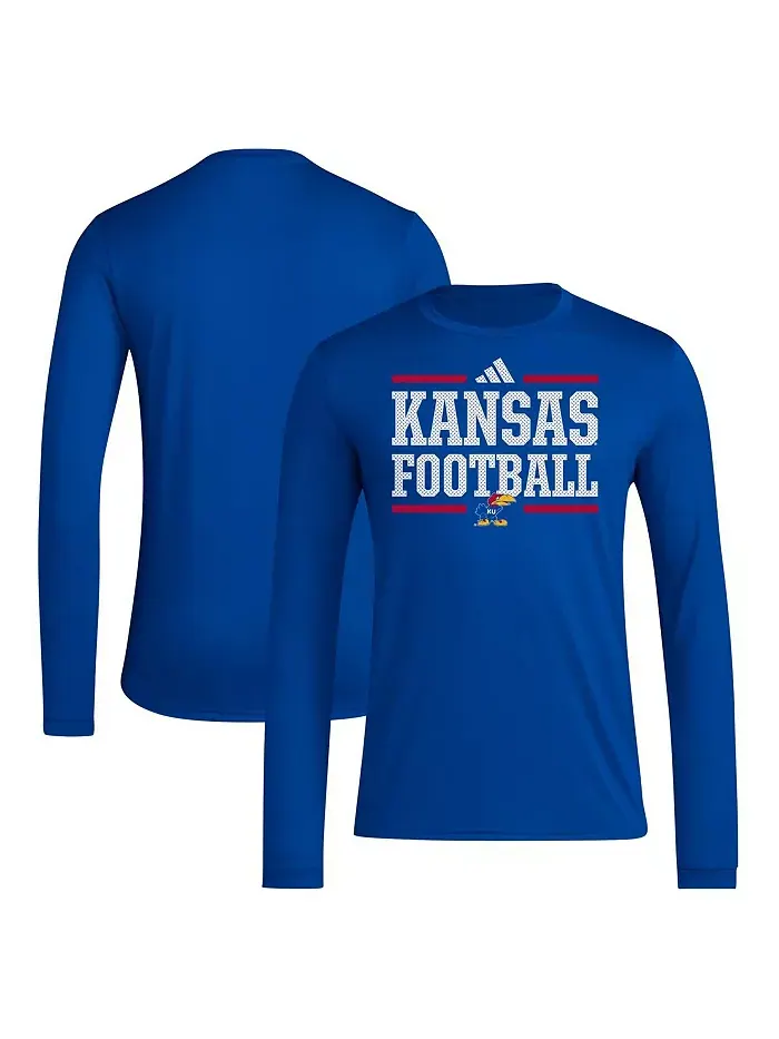 Мужская футбольная предыгровая футболка с длинным рукавом Royal Kansas Jayhawks Locker AEROREADY
