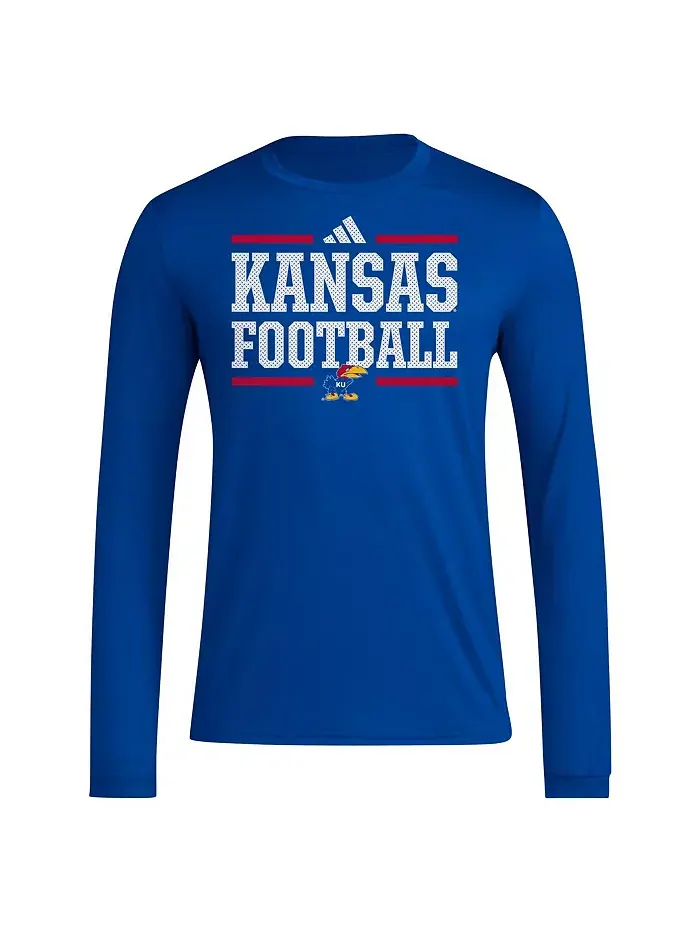 Мужская футбольная предыгровая футболка с длинным рукавом Royal Kansas Jayhawks Locker AEROREADY — изображение 2 из 3