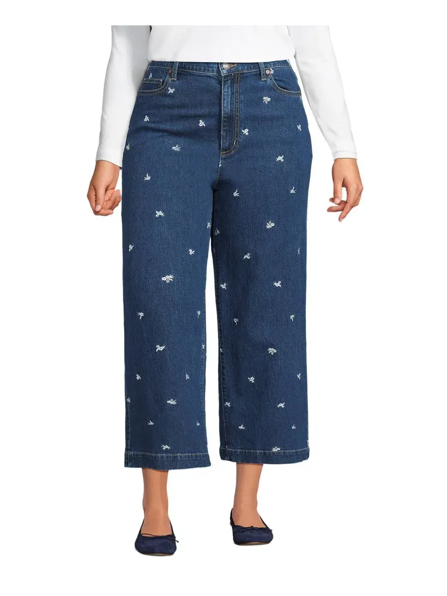 Джинсы с высокой посадкой, с вышивкой, широкие укороченные Lands' End, Daisy Embroidery/Crawford