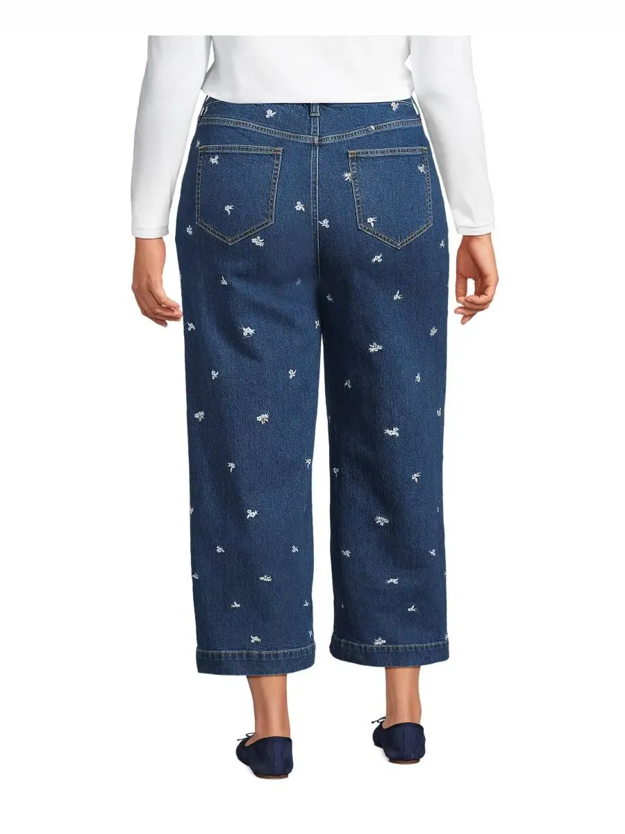 Джинсы с высокой посадкой, с вышивкой, широкие укороченные Lands' End, Daisy Embroidery/Crawford — изображение 2 из 4