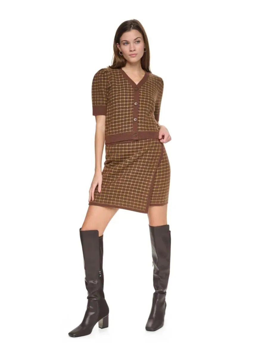 Кардиган укороченный с принтом в клетку, модель Windowpane Plaid DKNY Jeans, Chestnut Crocodile