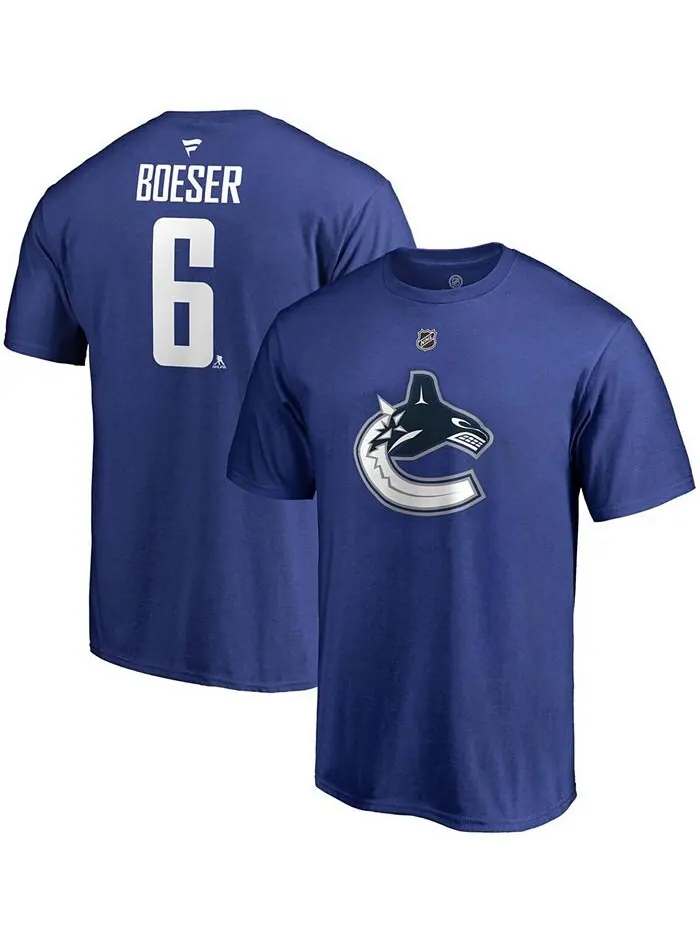 Мужская синяя футболка Brock Boeser Vancouver Canucks Team с аутентичным именем и номером Stack