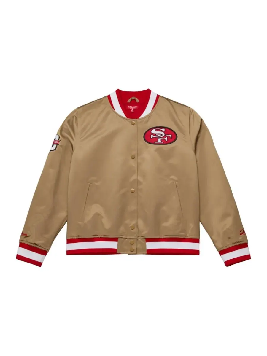 Женская куртка-бомбер из атласа с принтом San Francisco 49ers 80th Anniversary Mitchell & Ness — изображение 6 из 7, золото