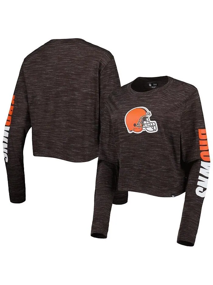 Женская коричневая укороченная футболка с длинным рукавом Cleveland Browns New Era — изображение 1 из 2, коричневый