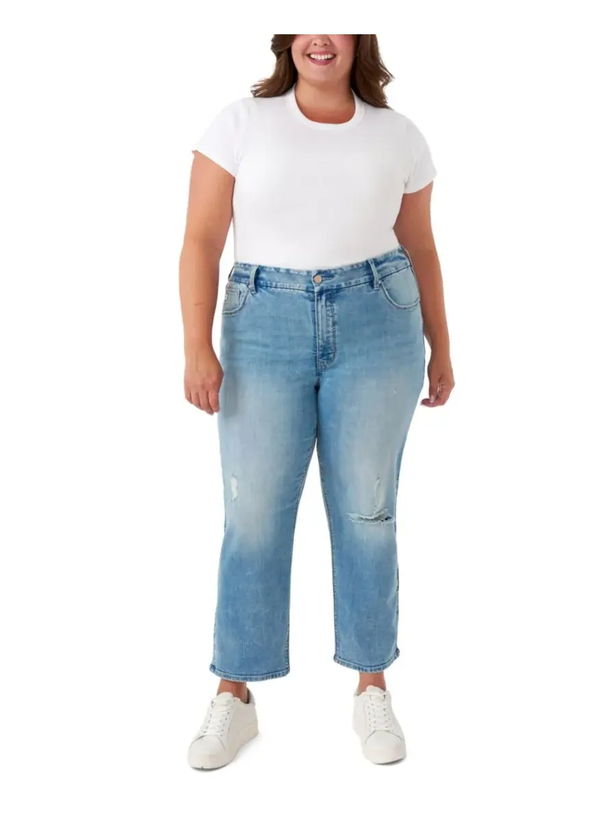 Джинсы прямого кроя без живота больших размеров Seven7, Distressed Medium Wash — без цвета