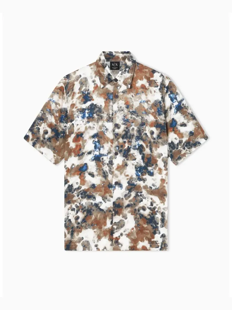 Мужская шелковая рубашка с коротким рукавом и принтом на пуговицах A|X Armani Exchange, Cloudy Print