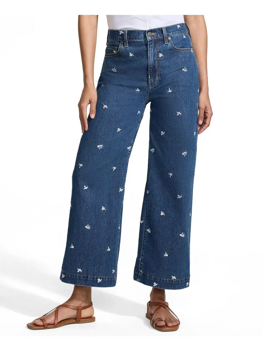 Джинсы с высокой посадкой, с вышивкой, крой клеш, укороченные Lands' End, Daisy Embroidery/Crawford
