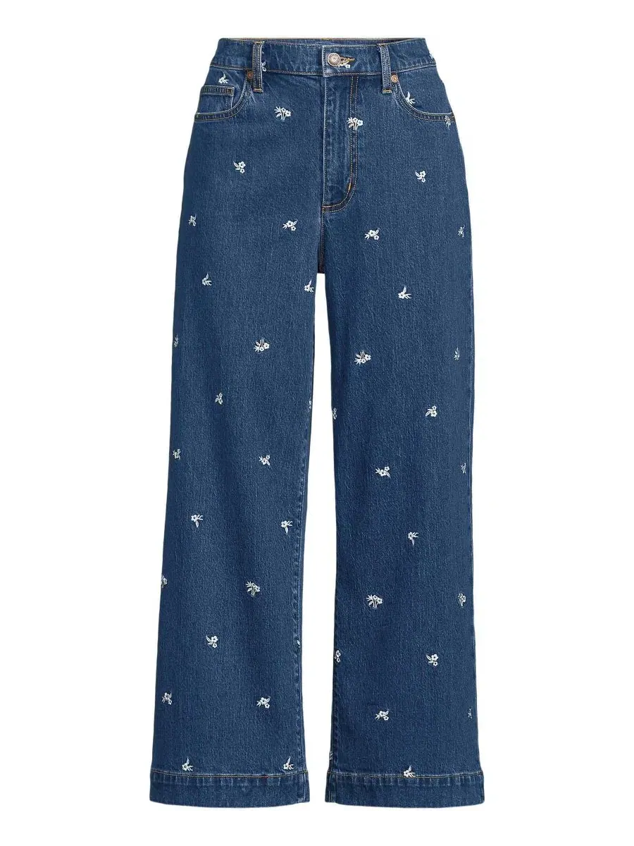 Джинсы с высокой посадкой, с вышивкой, крой клеш, укороченные Lands' End, Daisy Embroidery/Crawford — изображение 2 из 4