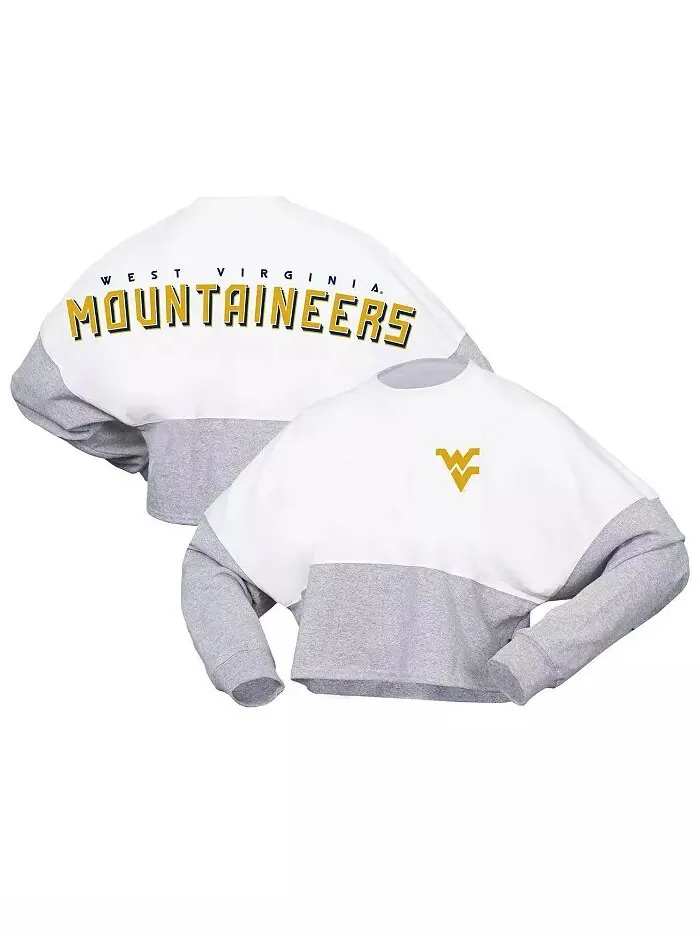 Женская белая футболка West Virginia Mountaineers Heather Block Cropped с длинным рукавом из джерси