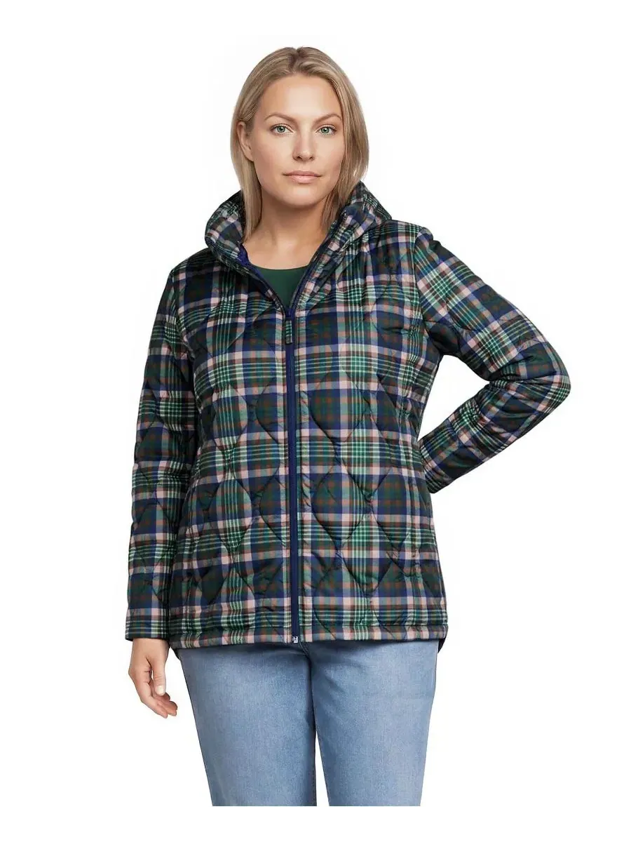 Женская стеганая куртка с капюшоном, с принтом Lands' End, Dark Walnut/Pine Plaid