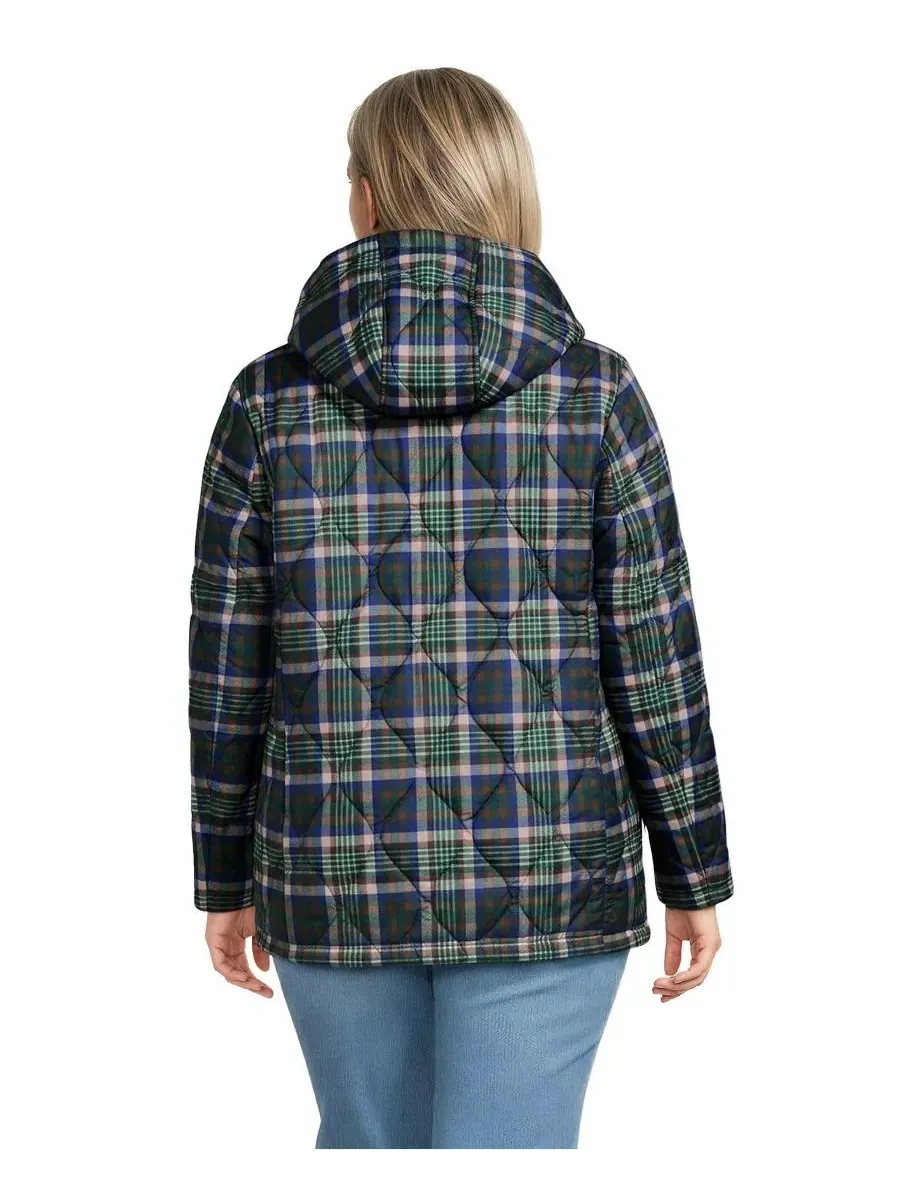 Женская стеганая куртка с капюшоном, с принтом Lands' End, Dark Walnut/Pine Plaid — изображение 2 из 4