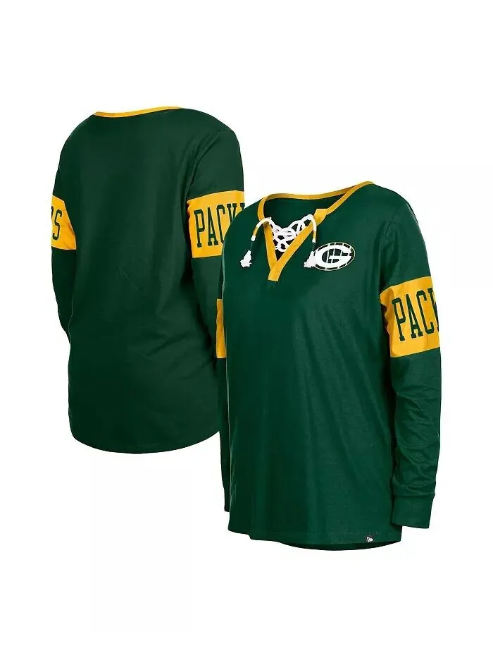 Женская зеленая футболка с длинным рукавом и шнуровкой Green Bay Packers New Era