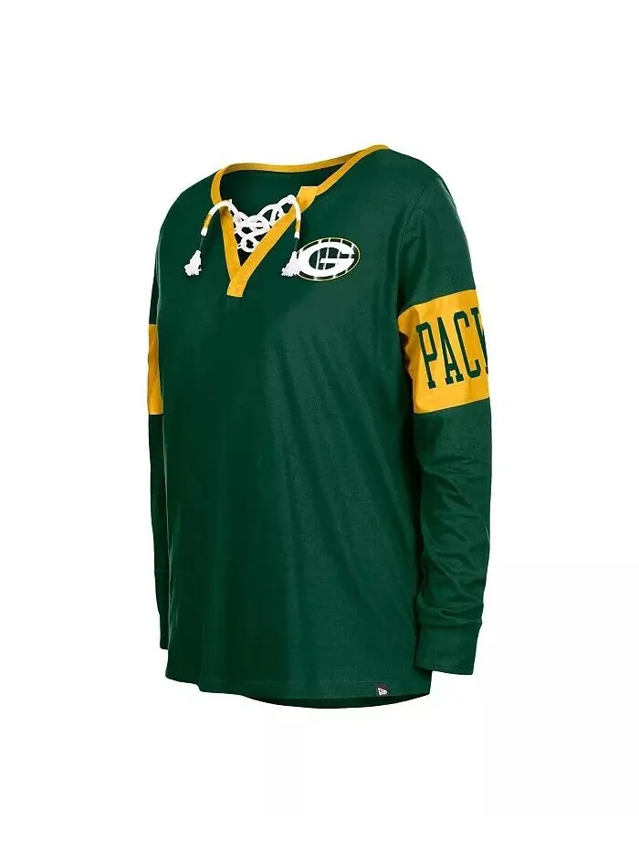 Женская зеленая футболка с длинным рукавом и шнуровкой Green Bay Packers New Era — изображение 2 из 3