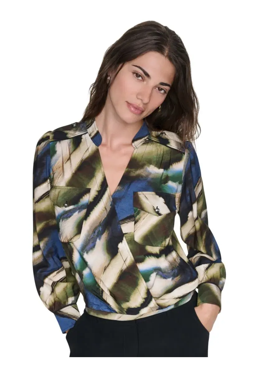 Блуза с V-образным вырезом и длинным рукавом, модель Printed Surplice DKNY, Brushed Riverside