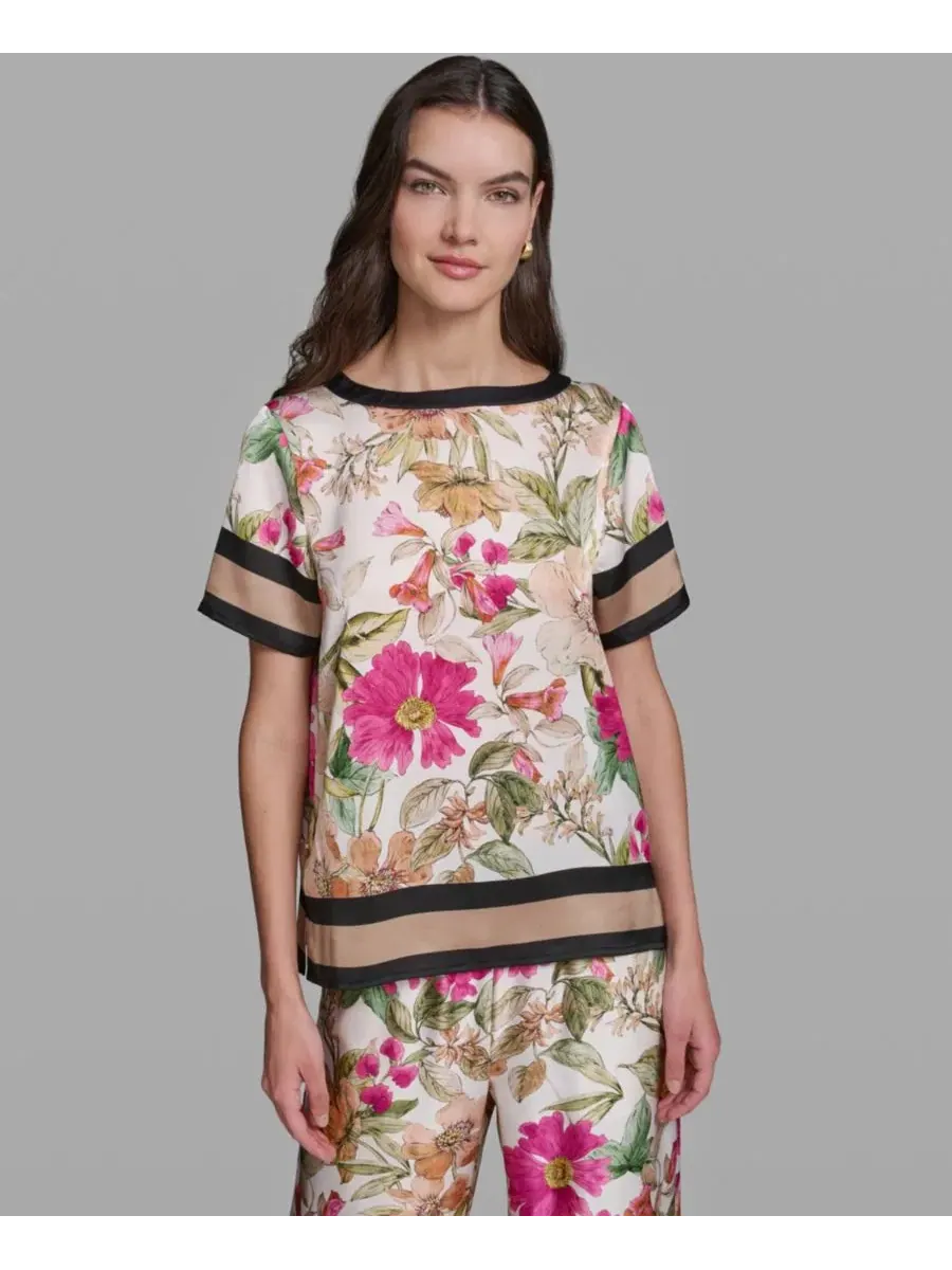 Топ с коротким рукавом и цветочным принтом KARL LAGERFELD PARIS, Bisque Light Blush Combo