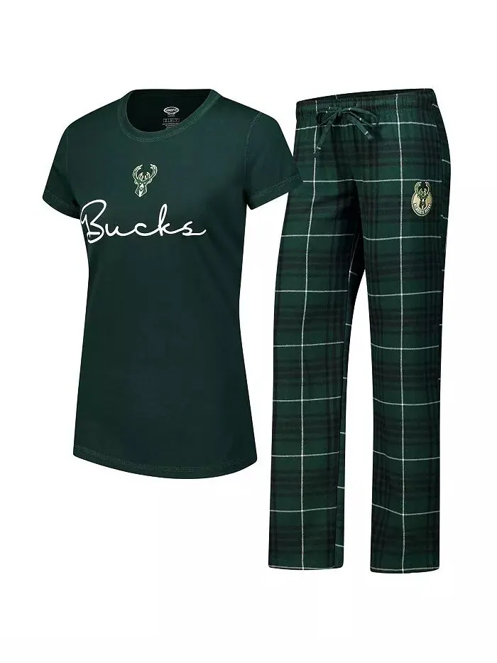 Женская футболка Hunter Green Milwaukee Bucks Vector, фланелевые штаны, комплект для сна Concepts