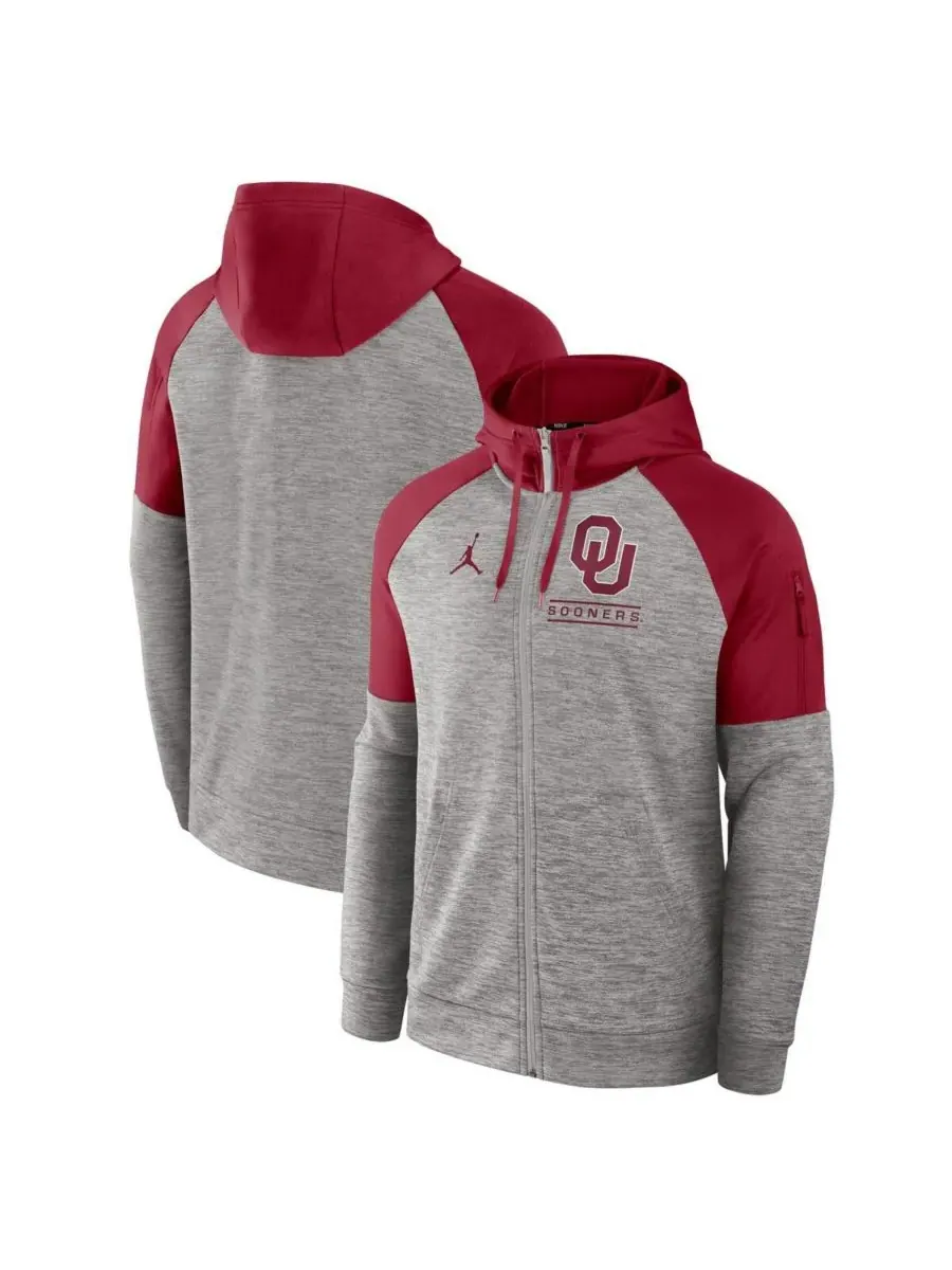 Jordan Мужская толстовка на молнии цвета светло-серого меланжа Oklahoma Sooners Fitness Raglan