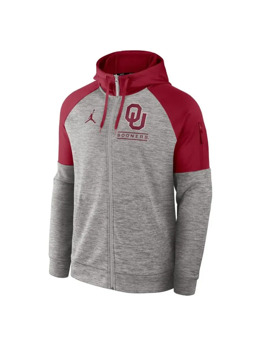 Jordan Мужская толстовка на молнии цвета светло-серого меланжа Oklahoma Sooners Fitness Raglan — изображение 2 из 3, серый