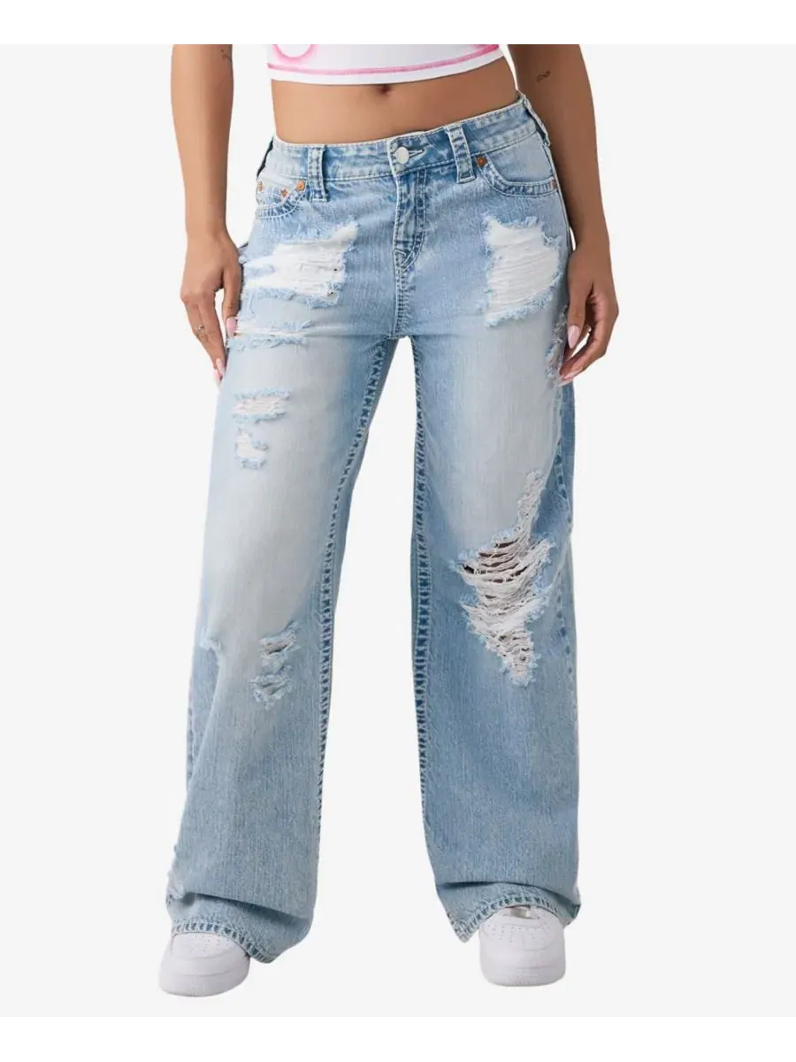 Джинсы свободного кроя с потертостями и вышивкой Big T True Religion, Freckle Wave