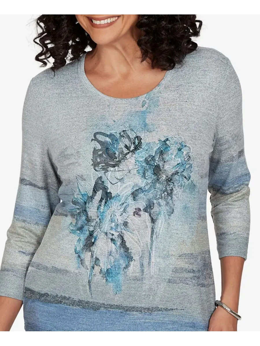 Блузка с длинным рукавом Provence Chenille Painted Floral Lace Alfred Dunner, Bluemul — изображение 4 из 5