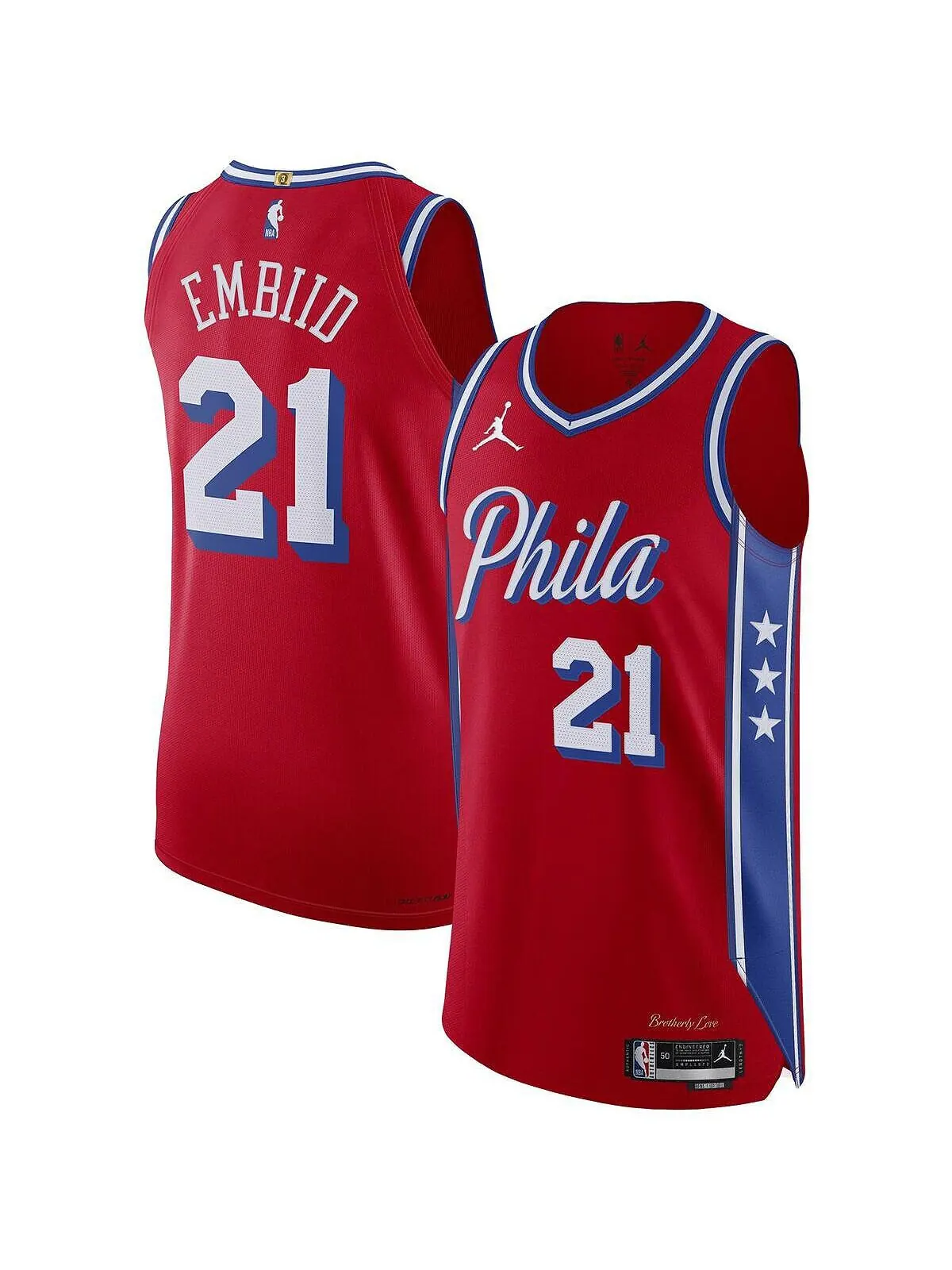 Мужской бренд joel embiid red philadelphia 76ers 2022/23 authentic jersey - statement edition Jordan — красный
