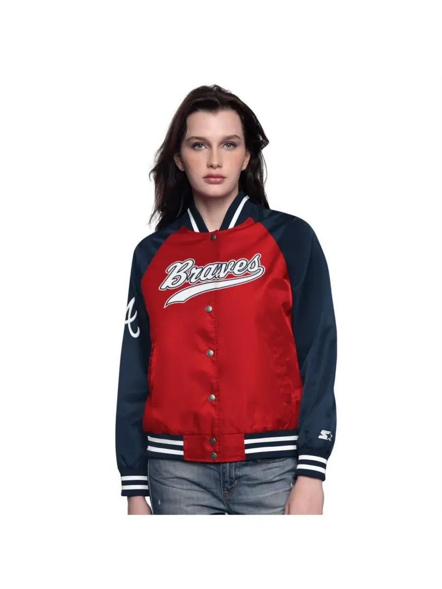 Starter Женская красно-синяя куртка-бомбер Atlanta Braves Home Run с застежкой на кнопках