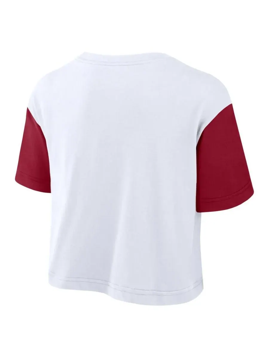 Jordan Женская укороченная футболка Dri-FIT белого/красного цвета с цветными блоками и надписью — изображение 2 из 4, белый