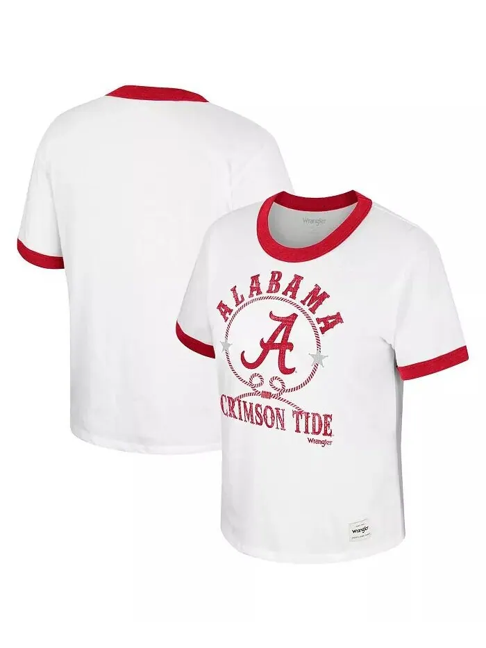 Женская белая футболка с эффектом потертости Alabama Crimson Tide x Wrangler Freehand Ringer — изображение 1 из 3