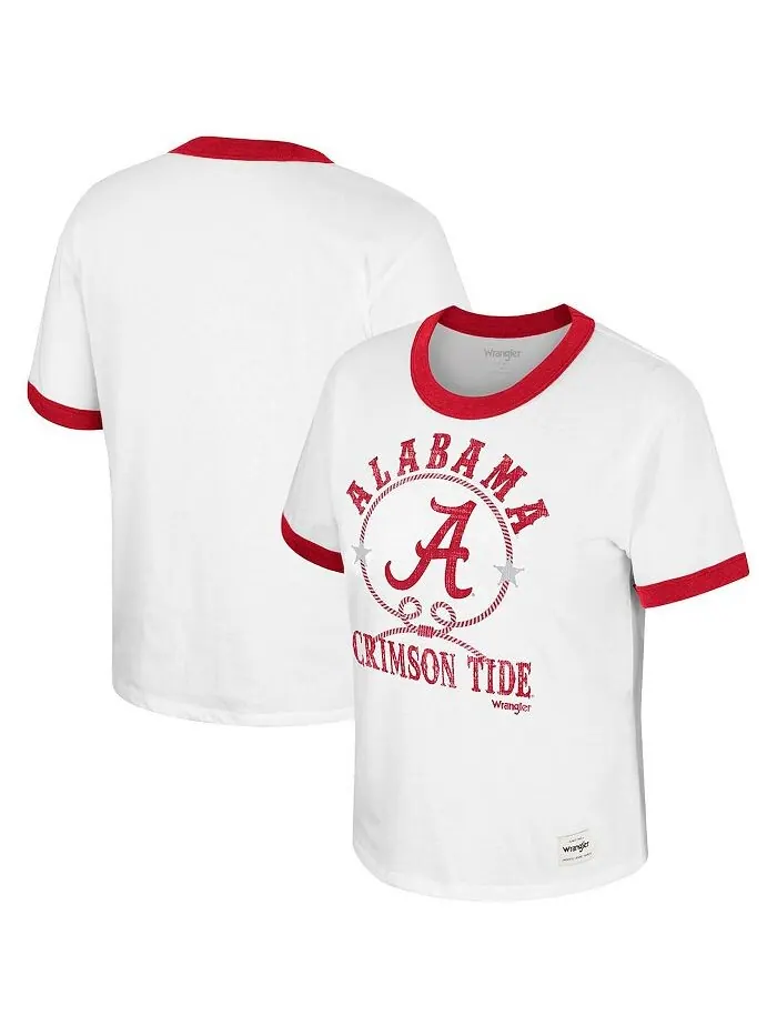 Женская белая футболка с эффектом потертости Alabama Crimson Tide x Wrangler Freehand Ringer