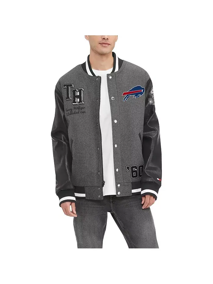 Мужская ворсованная серая бейсбольная куртка Buffalo Bills Gunner на молнии Tommy Hilfiger