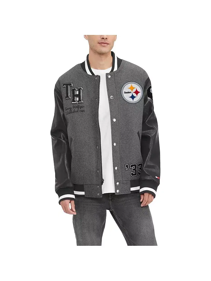 Мужская ворсованная серая и черная ватная куртка Pittsburgh Steelers Gunner с молнией Tommy Hilfiger