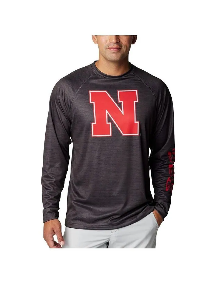 Мужская футболка Hether Charcoal Nebraska Huskers PFG Terminal Tackle Omni-Shade реглан с длинным