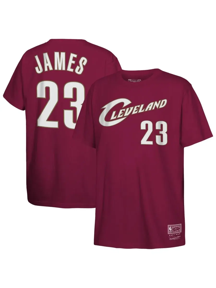 Футболка с принтом LeBron James Wine Cleveland Cavaliers Hardwood Classics Name and Number Mitchell