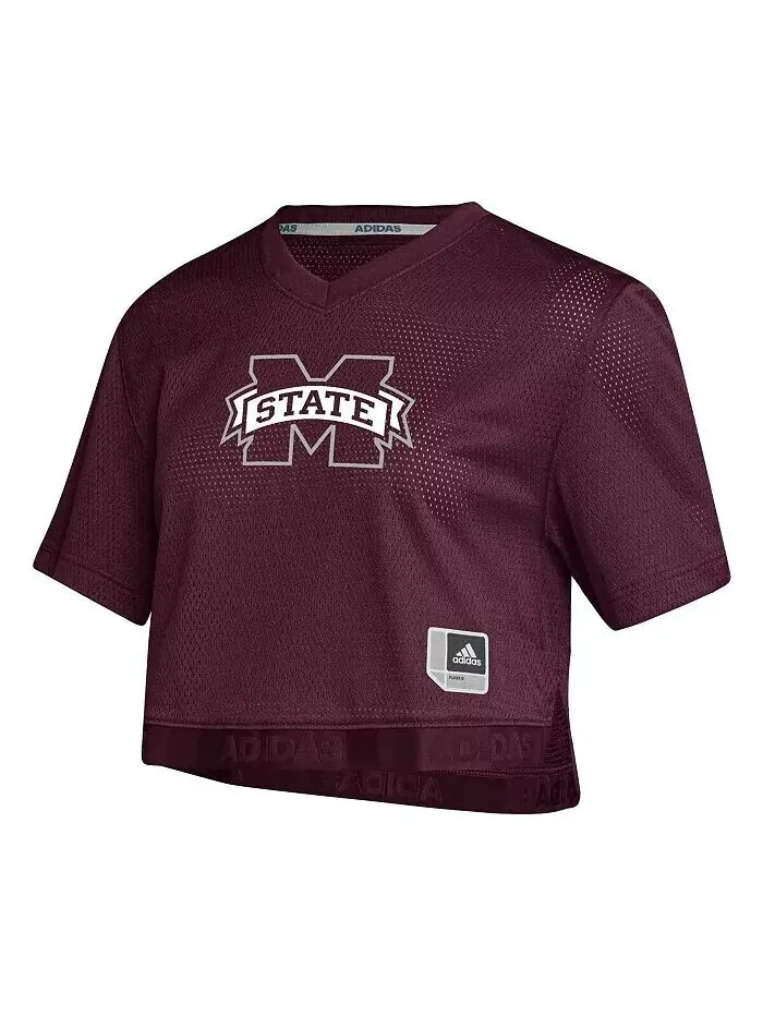 Женская укороченная майка Maroon Mississippi State Bulldogs Primegreen с V-образным вырезом adidas — изображение 3 из 4