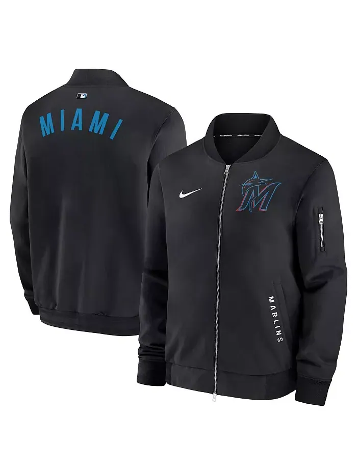 Мужская черная бомбер-куртка Miami Marlins Authentic Collection Dugout на молнии Nike