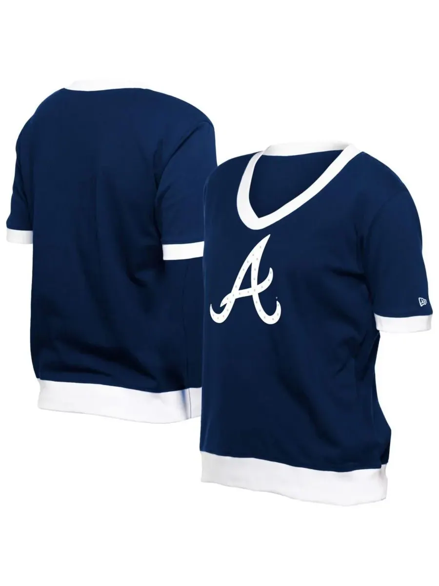 New Era Женская темно-синяя футболка Atlanta Braves с V-образным вырезом и стразами, посвященная