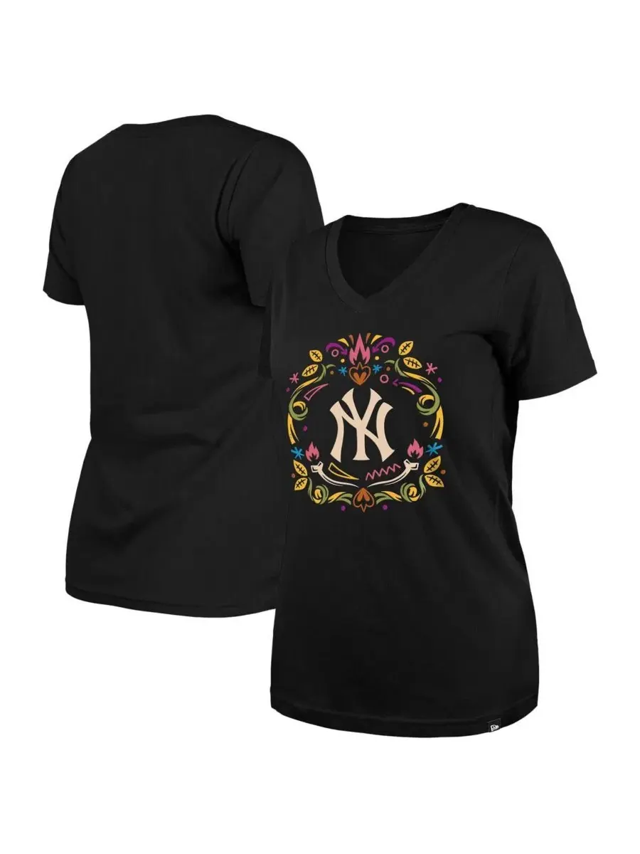Черная женская футболка с v-образным вырезом New York Yankees Dia De Los Muertos New Era