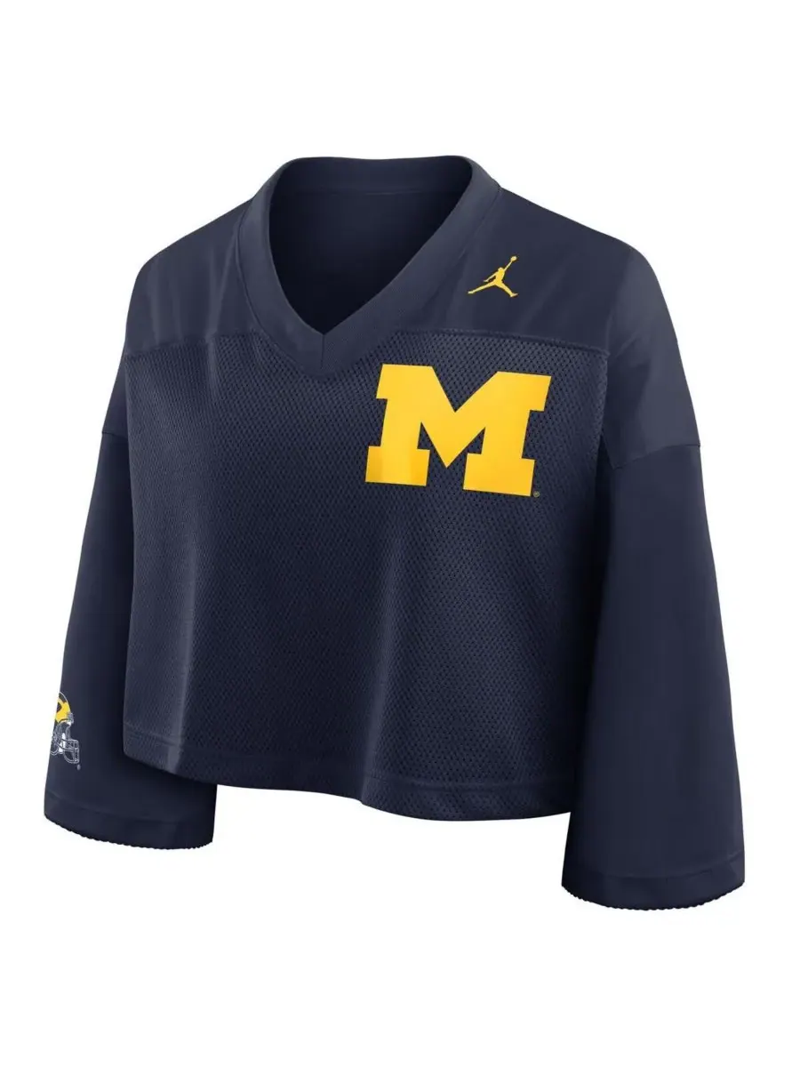 Jordan Женская укороченная сетчатая футболка Michigan Wolverines темно-синего цвета с технологией — изображение 2 из 3