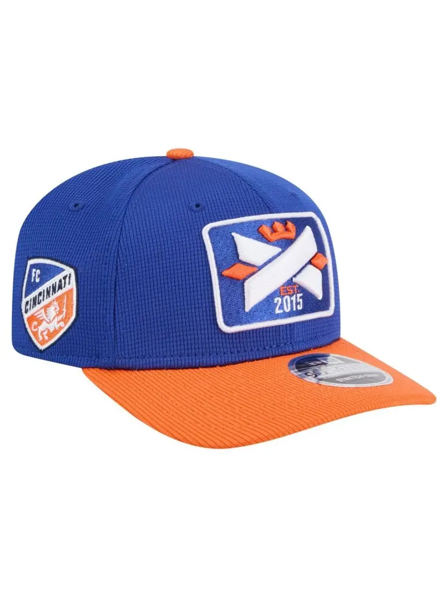New Era Мужская сине-оранжевая футболка FC Cincinnati 2025 с застежкой-липучкой 9SEVENTY