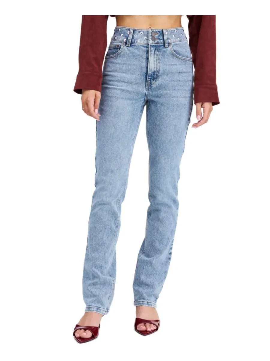 Джинсы прямого кроя с заклепками Kittenish Briar High-Waisted Straight-Leg Studded Jeans, Med Wash