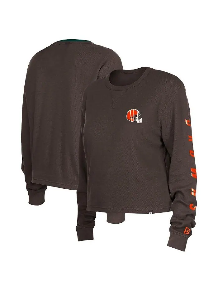 Женская коричневая термоукороченная футболка Cleveland Browns с длинным рукавом New Era — изображение 1 из 3, коричневый