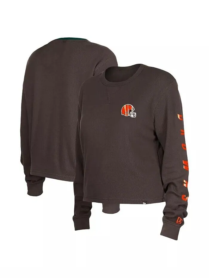Женская коричневая термоукороченная футболка с длинным рукавом Cleveland Browns New Era